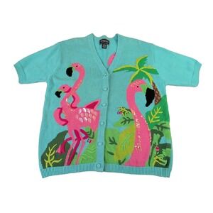 Vintage Flamingo Tropical Cardigan Women L Short Sleeve Art to Wear Maximalist